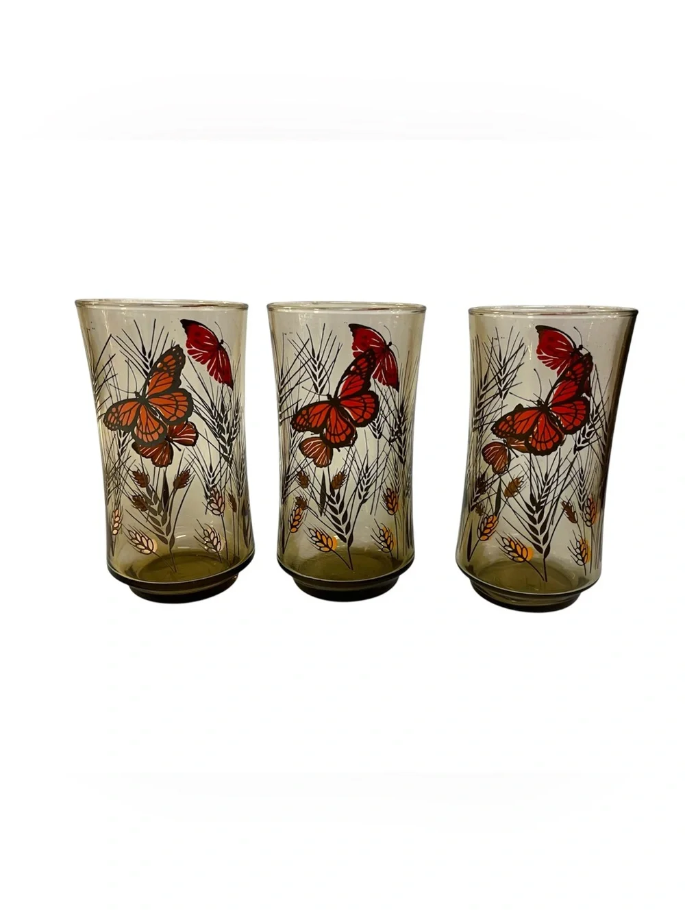 Vintage Libbey Monarch Butterfly Amber Drinking Glasses Set Of 3 5.25”